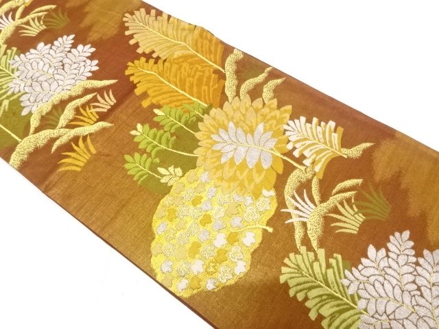 樹木に草花模様織り出し　袋帯